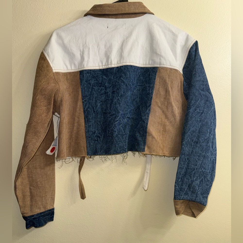 Thrill Jeans Cropped Patchwork Denim Jacket Color Block Strap Pocket Y2K Size L - Picture 6 of 8